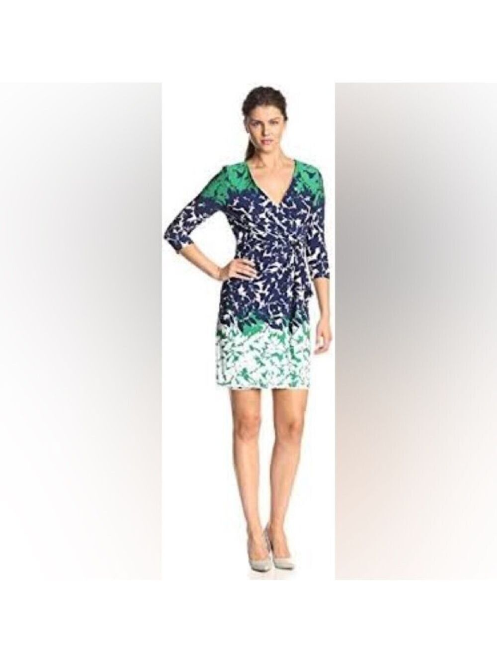 Sandra Darren Faux Wrap Green and Blue Dress Sz 10